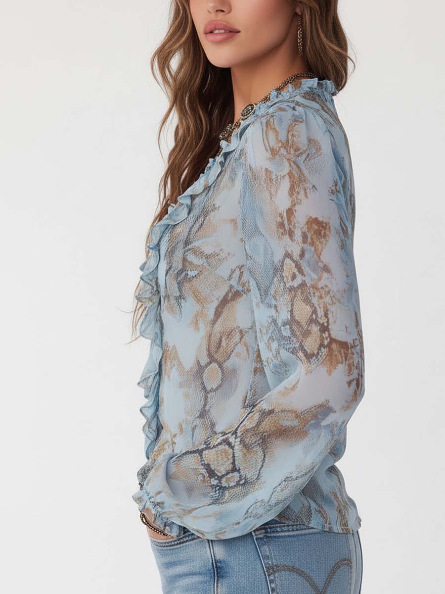 Blusa Boho de Gasa con Volantes y Estampado Serpiente