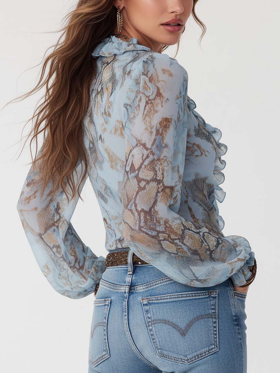 Blusa Boho de Gasa con Volantes y Estampado Serpiente