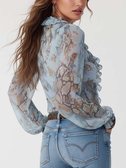Blusa Boho de Gasa con Volantes y Estampado Serpiente